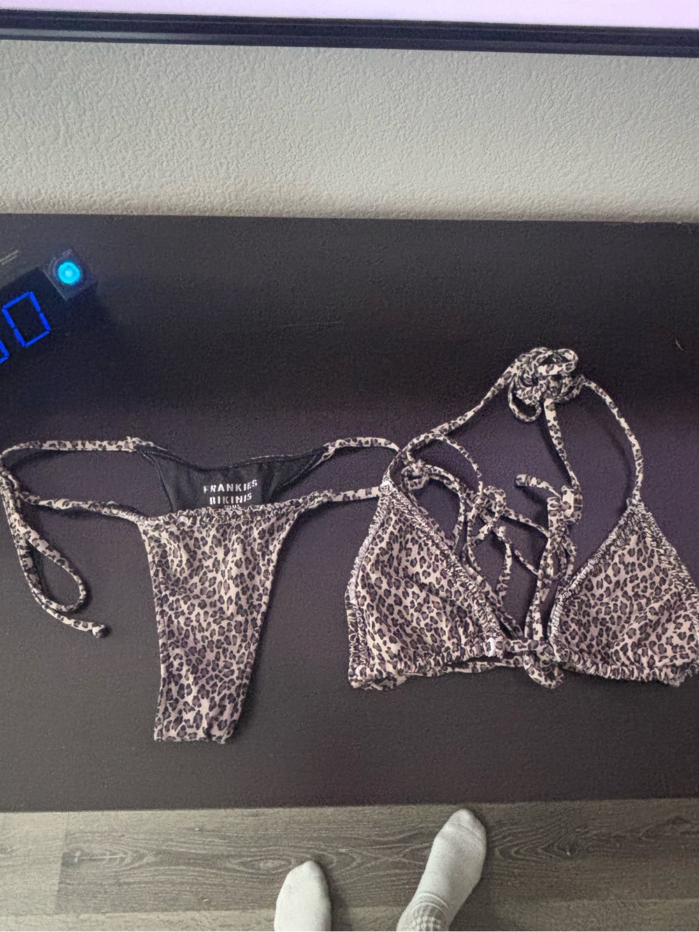 Frankie's Bikinis Leopard Print Triangle Bikini Set in Taupe and Black
